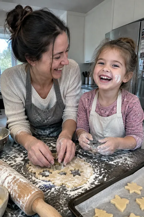 Mother and young daughter making star-shaped cookies together in a kitchen