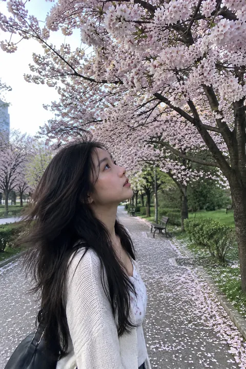 Young woman standing along a pathway beneath blooming pink cherry blossom trees