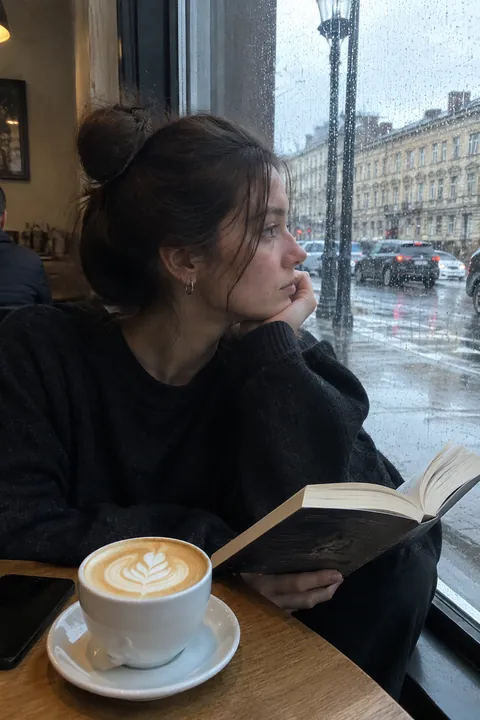 Young woman sitting by a rainy cafe window with coffee and a book