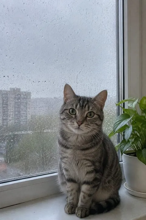 Tabby cat by a rainy window
