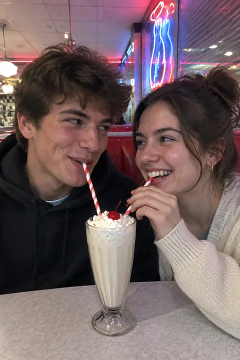 A young couple in a diner booth sharing a milkshake with two straws