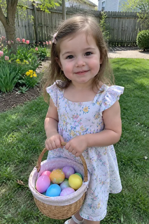 A toddler in a spring dress holding a basket of Easter eggs in a garden