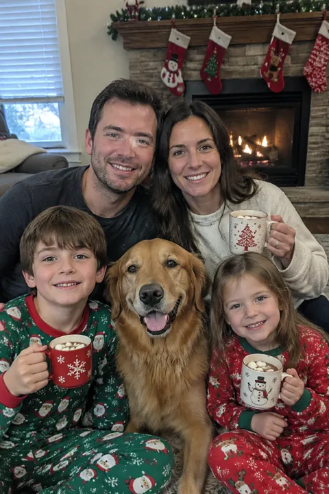 Family and their golden retriever posing in holiday pajamas near a decorated fireplace