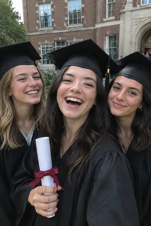 Three female graduates in caps and gowns smile outdoors while holding a diploma