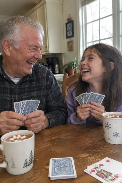 A grandfather and granddaughter smiling at a wooden table while playing cards