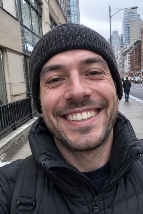 A man in a beanie grinning on a city street