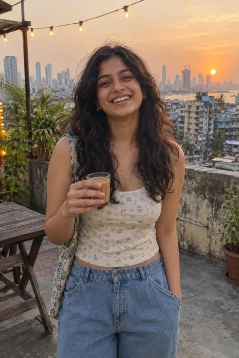 A smiling young woman holding a glass of tea on a rooftop