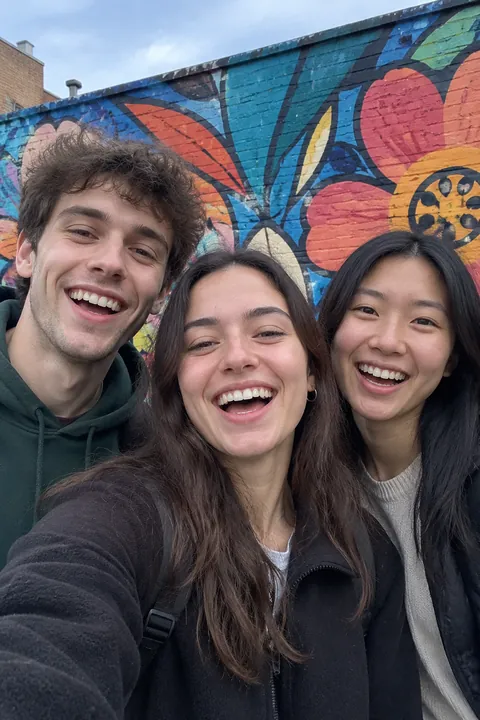 Three friends taking a selfie in front of a colorful street mural