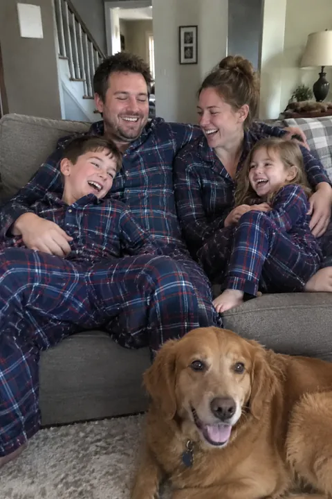 Family in matching plaid pajamas laughing together on a couch with their dog