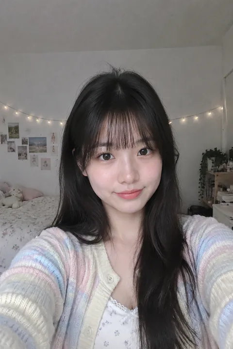 A young woman with bangs in a pastel cardigan taking a selfie in her bedroom