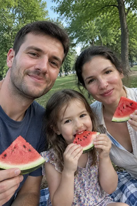 Family of three outdoors eating watermelon slices in a park