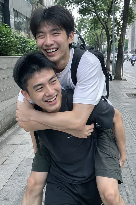 Two young men laughing while one carries the other on his back