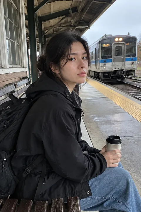 A young woman with a backpack waiting on a train platform