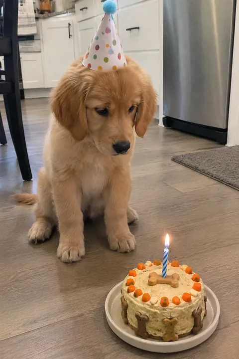 Golden retriever puppy in a party hat sitting behind a birthday cake with candle