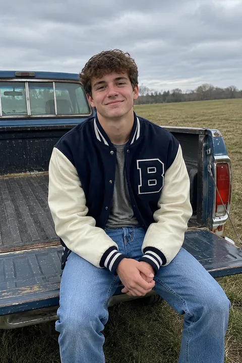A smiling young man in a letterman jacket sitting on a truck tailgate