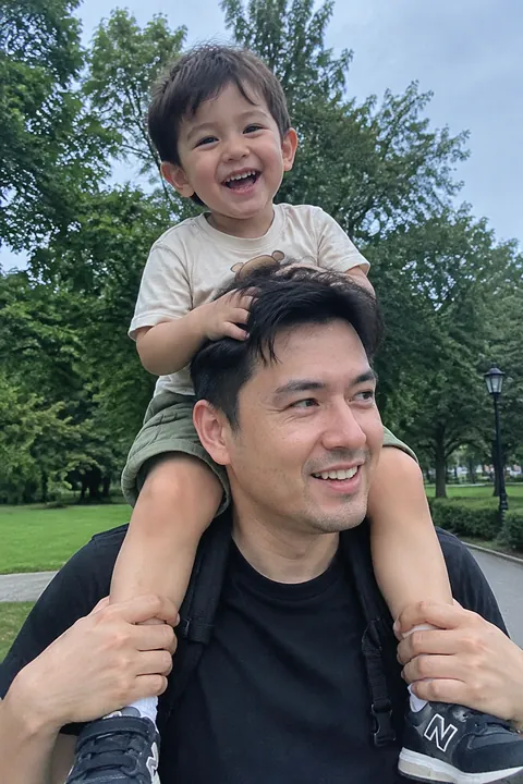 A father carrying his smiling young toddler son on his shoulders outdoors