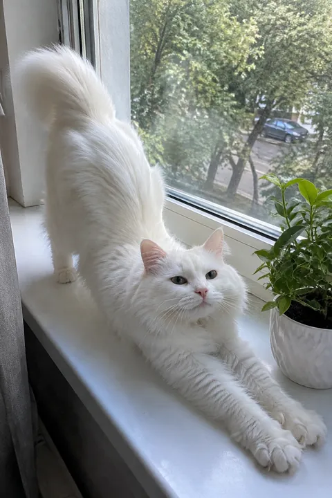Fluffy white cat stretching on a sunny windowsill next to a houseplant