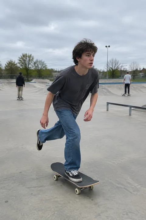 A young man riding a skateboard across a concrete skatepark on an overcast day