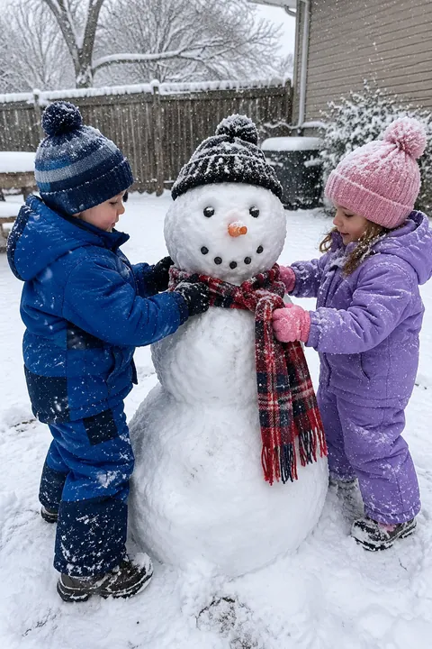 Two young children in winter snowsuits decorate a snowman in the yard