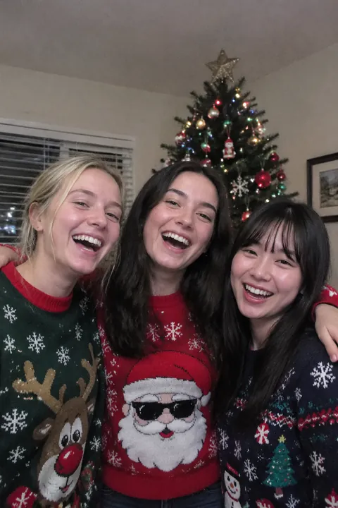 Three friends in Christmas sweaters in front of a Christmas tree
