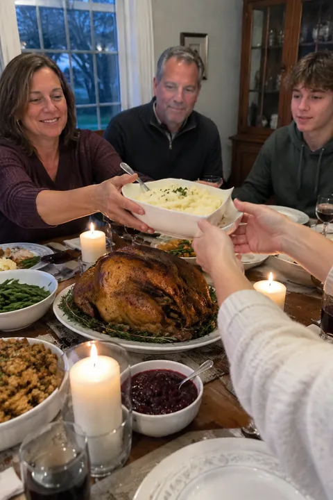 Family sitting around a Thanksgiving dinner table passing a bowl of mashed potatoes