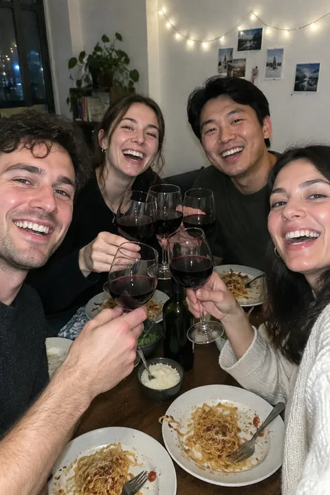 Four young friends raising wine glasses in a toast around a dinner table
