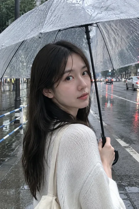 Young woman holding a clear umbrella on a rainy city street